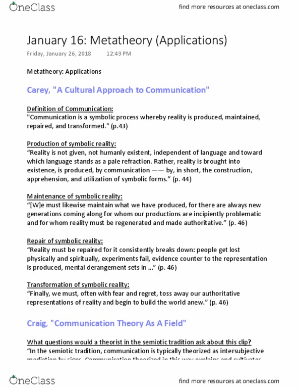 CMN 3109 Lecture Notes - Lecture 2: Incorporeality, The Amazing Mr. X, Communication Theory As A Field thumbnail