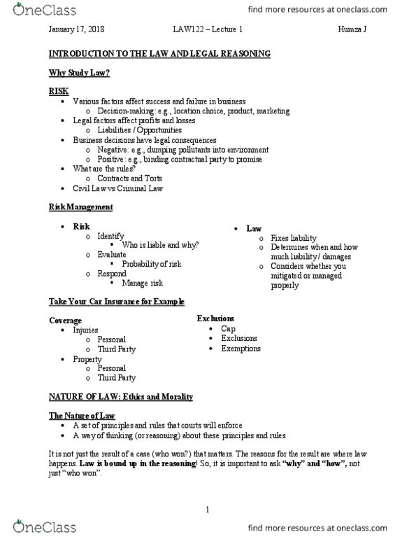 LAW 122 Lecture Notes - Lecture 1: Provincial Superior, Ultra Vires, Blood Transfusion thumbnail