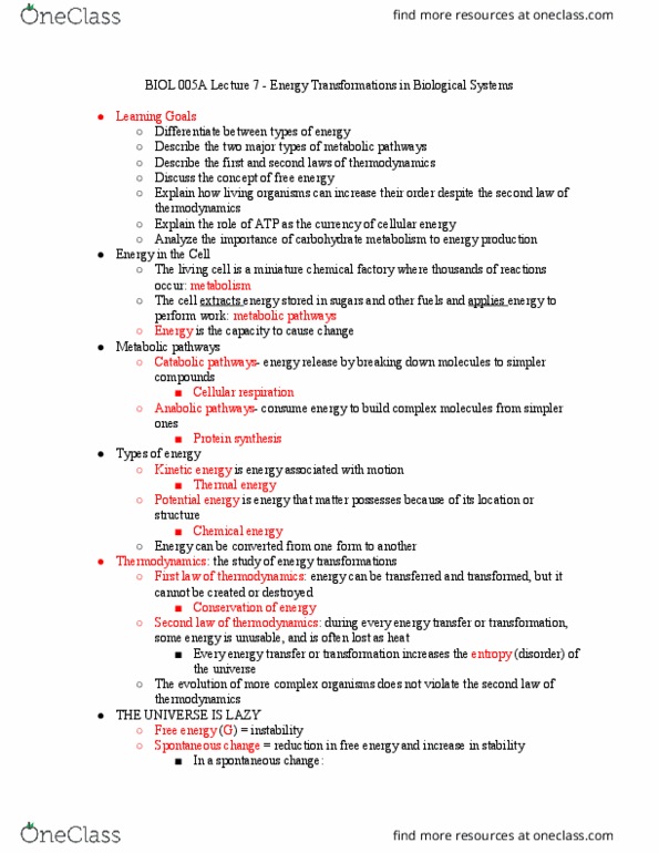 BIOL 005A Lecture Notes - Lecture 7: Inner Membrane, Exergonic Reaction, Mitochondrion thumbnail