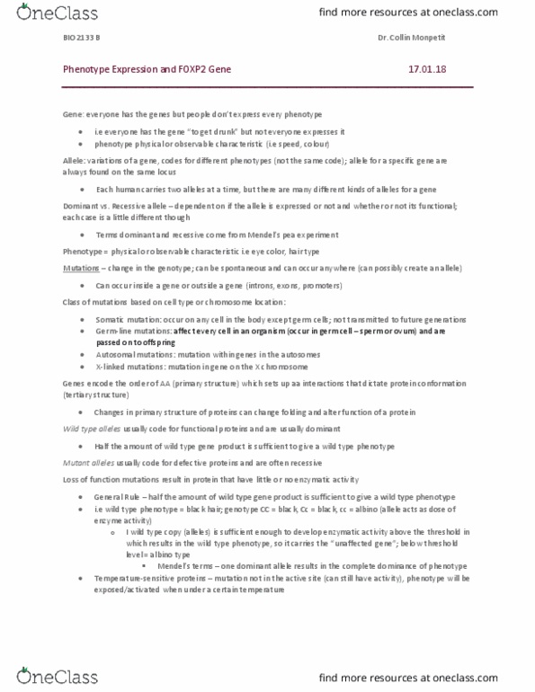 BIO 2133 Lecture Notes - Lecture 4: Haploinsufficiency, Start Codon, Lactase thumbnail