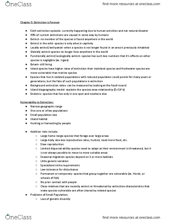 BIOL 2310 Chapter Notes - Chapter 5: Extinction Vortex, Inbreeding Depression, Small Population Size thumbnail