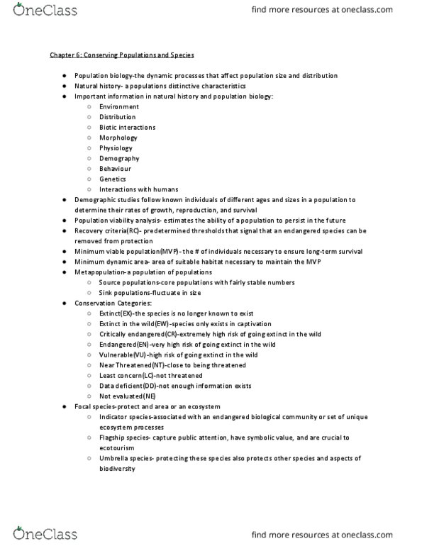 BIOL 2310 Chapter Notes - Chapter 6: Ecotourism, Umbrella Species, Critically Endangered thumbnail