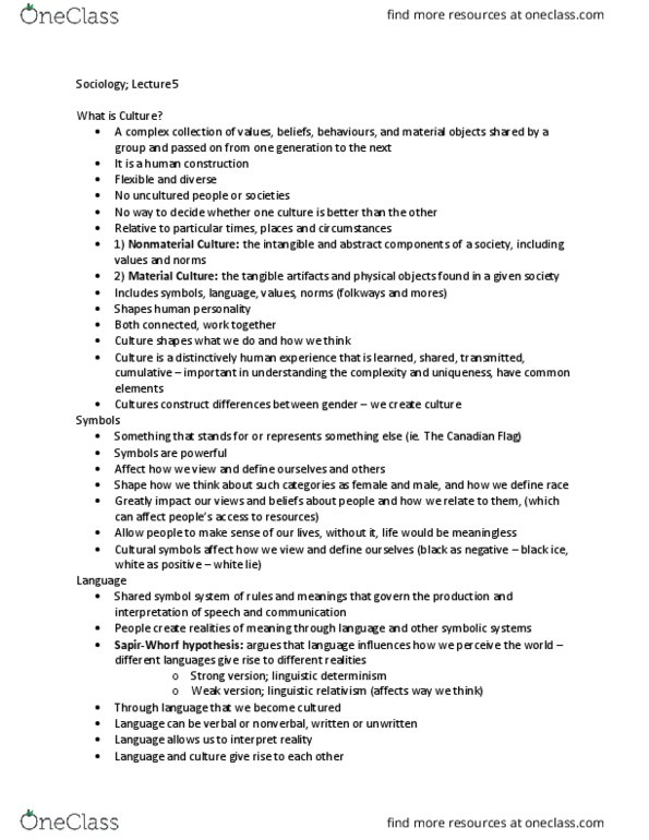 SOCI 1F90 Lecture Notes - Lecture 5: Dominant Culture, Ethnocentrism, Black Ice thumbnail