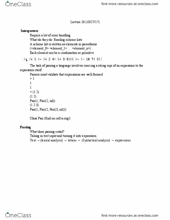 COMPSCI 61A Lecture Notes - Lecture 26: Init, Generic Function, Eval thumbnail