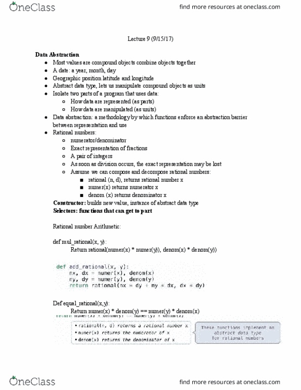 COMPSCI 61A Lecture Notes - Lecture 9: Abstract Data Type, Rational Number thumbnail