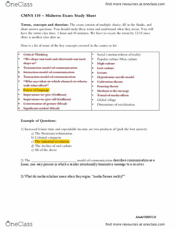 CMNS 110 Lecture Notes - Lecture 5: Hypodermic Needle Model, Cultivation Theory, Low Culture thumbnail