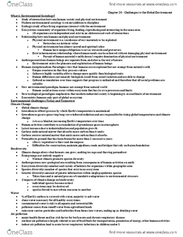 SOC101 Chapter Notes - Chapter 20: Carbon Sink, Chronic Respiratory Disease, Environmental Sociology thumbnail