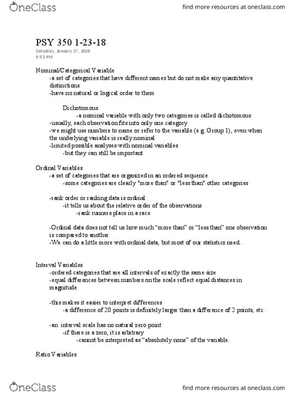 PSY 350 Lecture Notes - Lecture 2: Parametric Statistics, Categorical Variable, Level Of Measurement thumbnail