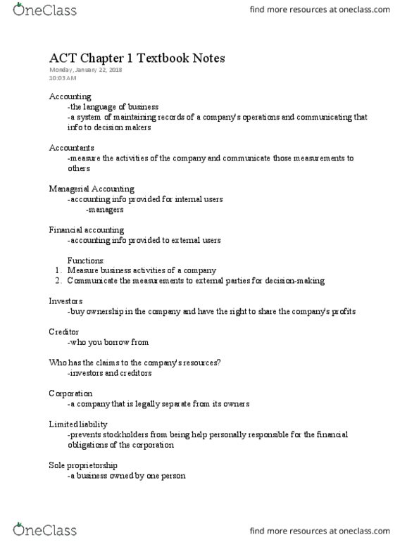 ACT 205 Chapter Notes - Chapter 1: Sole Proprietorship, Double Taxation, Financial Accounting thumbnail