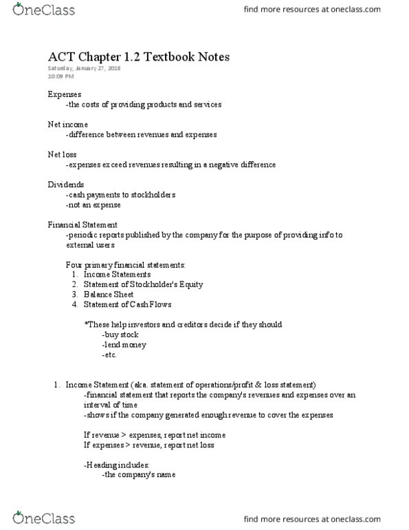 ACT 205 Chapter Notes - Chapter 1.2: Retained Earnings, Net Income, Financial Statement thumbnail
