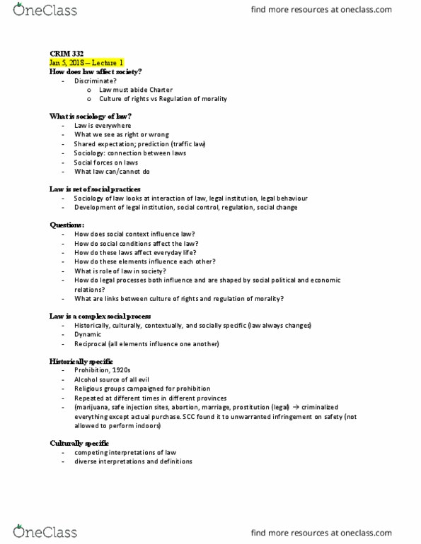 CRIM 332 Lecture Notes - Lecture 1: Distinct Society, Double Aspect, Charter Of The French Language thumbnail