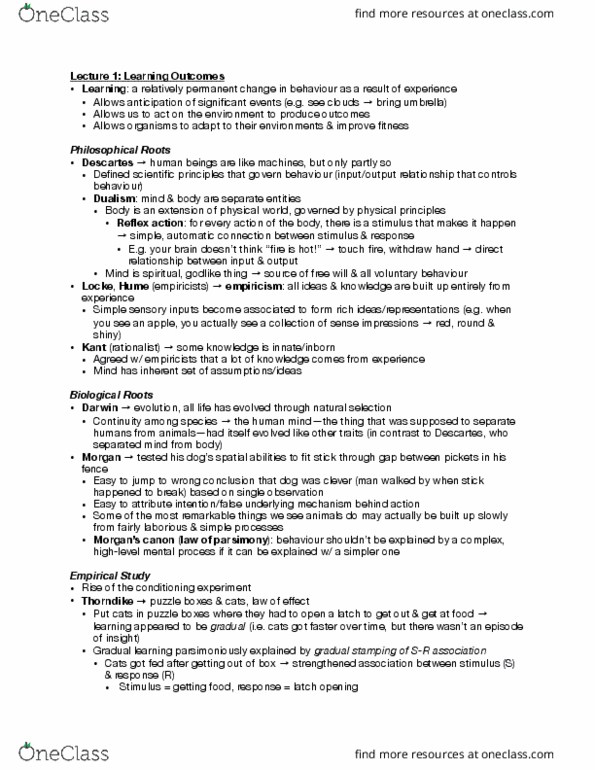 PSY260H1 Lecture Notes - Lecture 1: Dishabituation, Reinforcement, Conditioned Taste Aversion thumbnail