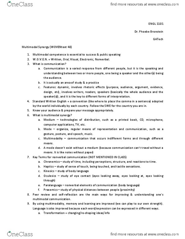 ENGL 1101 Chapter Notes - Chapter 4: Proxemics, Standard Written English, Chronemics thumbnail