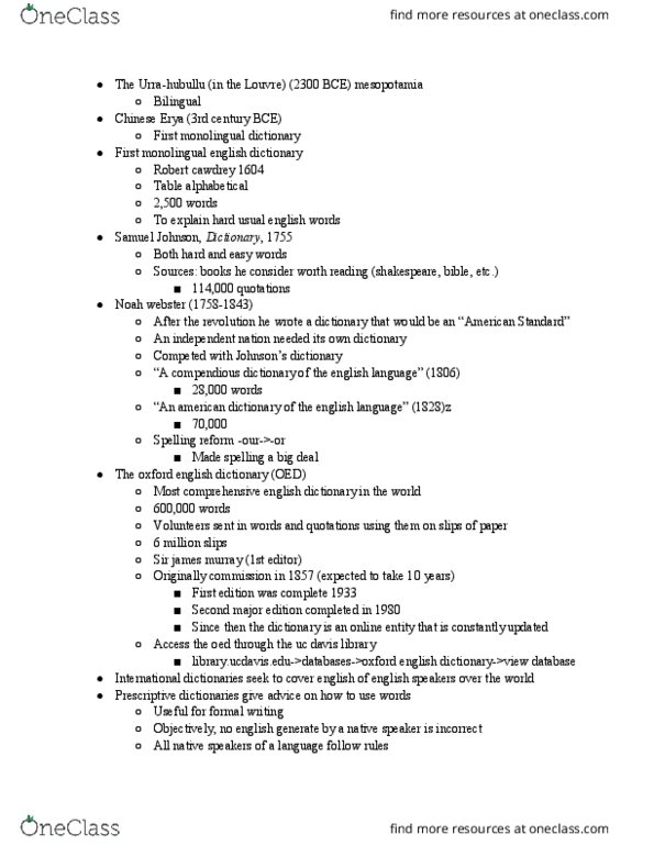 CLA 30 Lecture Notes - Lecture 2: Oxford English Dictionary, Noah Webster, Robert Cawdrey thumbnail