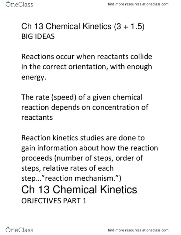 CH-1020 Chapter Notes - Chapter 13: Thermodynamics, Reaction Rate Constant, Stoichiometry thumbnail