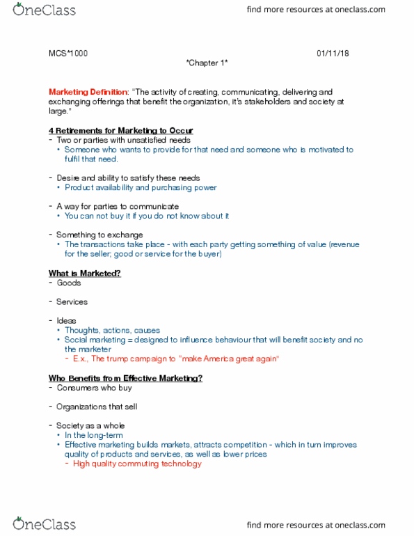 MCS 1000 Lecture Notes - Lecture 1: Social Media Marketing, Customer Relationship Management, Marketing Mix thumbnail