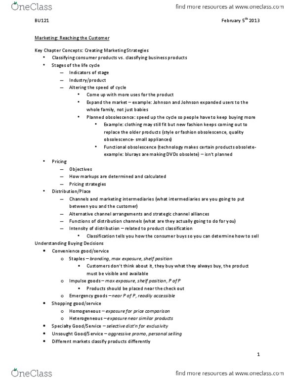 BU121 Lecture Notes - Lecture 5: Profit Margin, Planned Obsolescence, Promotional Mix thumbnail