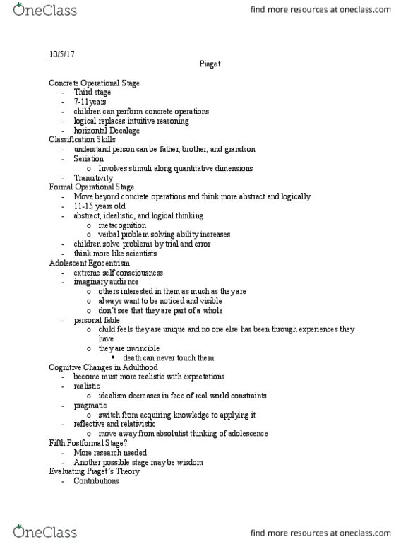 PSYC 2034 Lecture Notes - Lecture 5: Imaginary Audience, Metacognition, Egocentrism thumbnail