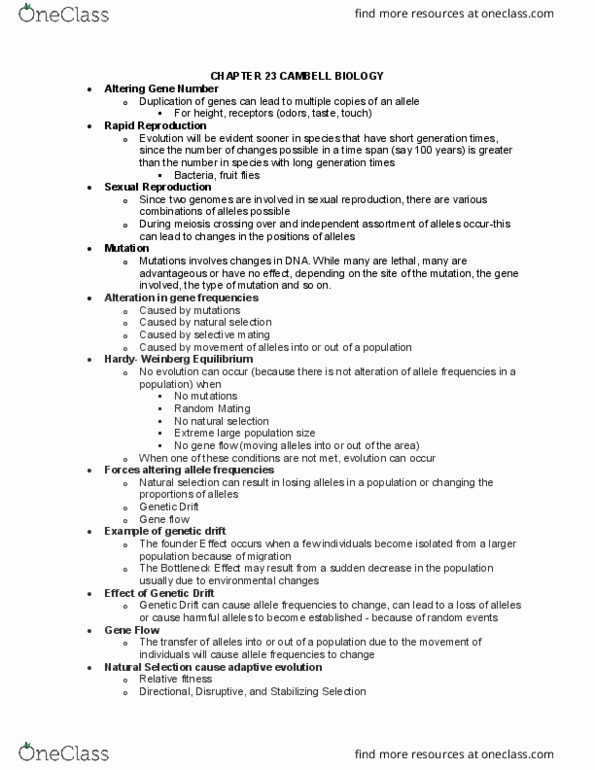 BIOL 102 Lecture Notes - Lecture 3: Sympatric Speciation, Allele Frequency, Genetic Drift thumbnail