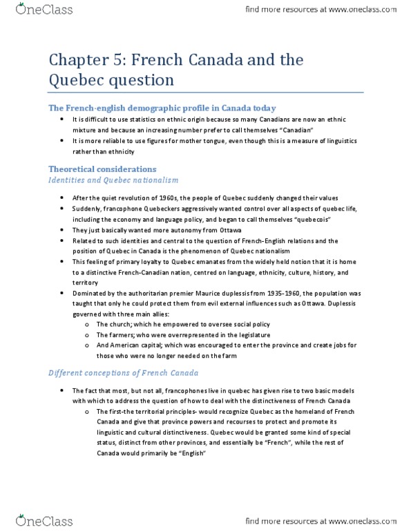 POLB50Y3 Chapter Notes - Chapter 5: Quebec Sovereignty Movement, Biculturalism, Quebec French thumbnail