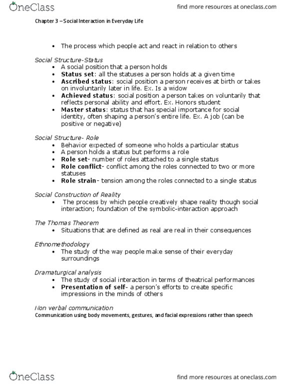 SOC-2010 Chapter Notes - Chapter 3: Thomas Theorem, Ethnomethodology, Role Theory thumbnail