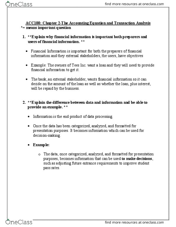 ACC 100 Lecture Notes - Lecture 2: Double-Entry Bookkeeping System, Retained Earnings, Negative Equity thumbnail