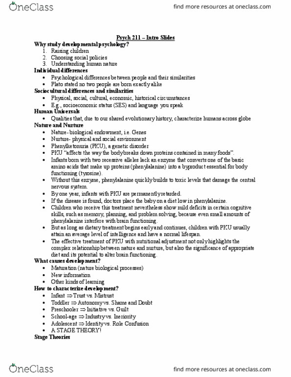 PSYCH211 Lecture Notes - Lecture 1: Phenylalanine, Phenylketonuria, Developmental Psychology thumbnail