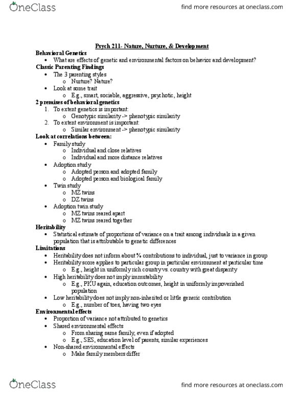 PSYCH211 Lecture Notes - Lecture 4: Twin Study, Parenting Styles, Heritability thumbnail