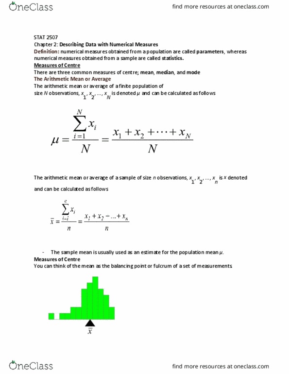 STAT 2507 Lecture Notes - Lecture 2: Standard Deviation, Interquartile Range, Squared Deviations From The Mean thumbnail