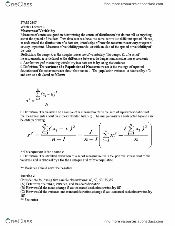STAT 2507 Lecture Notes - Lecture 2: Know Nothing, Interquartile Range, Quartile thumbnail