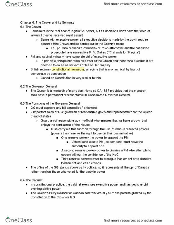 PO263 Chapter Notes - Chapter 6: Collective Responsibility, Treasury Board, Royal Assent thumbnail