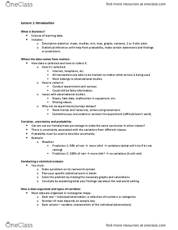 Statistical Sciences 1024A/B Lecture Notes - Lecture 1: Missing Data, Statistical Inference, Descriptive Statistics thumbnail