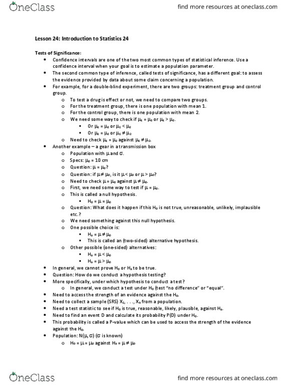 Statistical Sciences 1024A/B Lecture Notes - Lecture 24: Null Hypothesis, Confidence Interval, Statistical Inference thumbnail