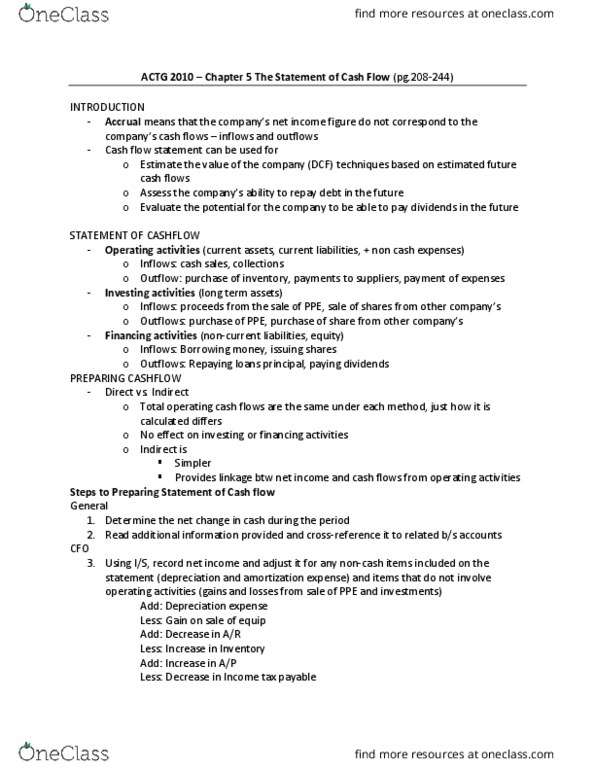 ACTG 2010 Chapter Notes - Chapter 5: Income Tax, Cash Flow Statement, Cash Flow thumbnail