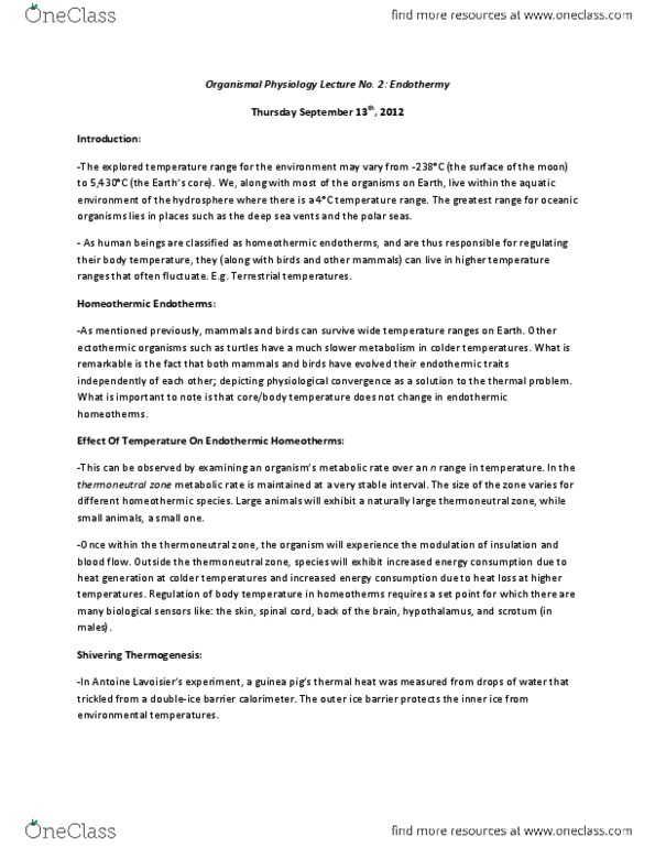 Biology 2601A/B Lecture Notes - Ectotherm, Thermogenesis, Electrochemical Gradient thumbnail