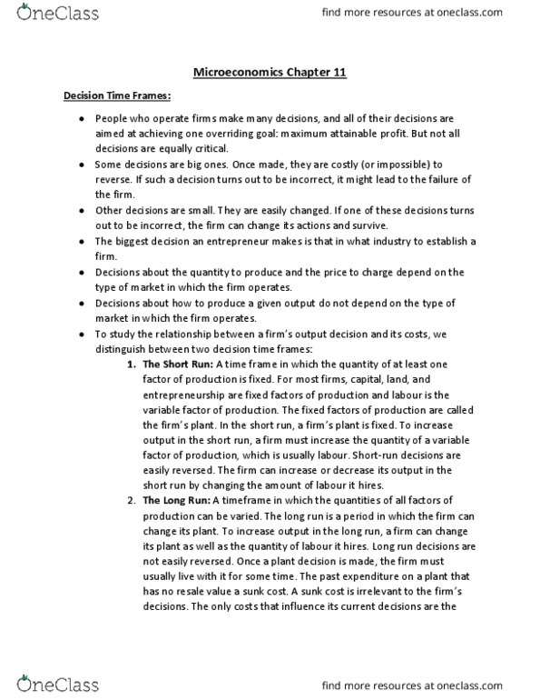 ECON 1000 Chapter Notes - Chapter 11: Production Function, Diminishing Returns, Average Cost thumbnail