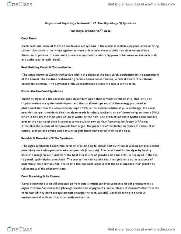 Biology 2601A/B Lecture Notes - Gastrodermis, Zooxanthellae, Coral Bleaching thumbnail