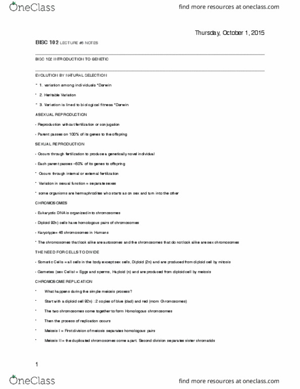 BISC 102 Lecture Notes - Lecture 6: Mendelian Inheritance, Zygote, Meiosis thumbnail