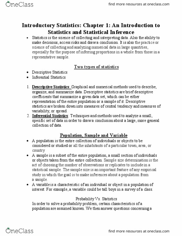 MATH 1131 Lecture Notes - Lecture 1: Sample Size Determination, Descriptive Statistics, Central Tendency thumbnail