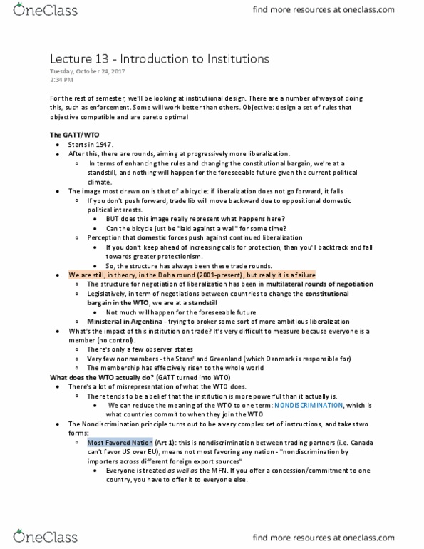 POLI 441 Lecture Notes - Lecture 13: Incentive Compatibility, Clove, International Trade Organization thumbnail