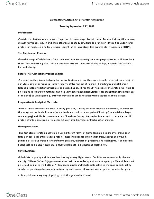 Biochemistry 2280A Lecture Notes - Lecture 9: Column Chromatography, Buffer Solution, Reagent thumbnail