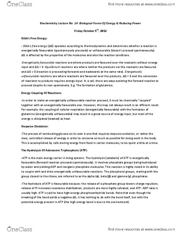 Biochemistry 2280A Lecture Notes - Lecture 14: Electronegativity, Reaction Rate, Atp Hydrolysis thumbnail