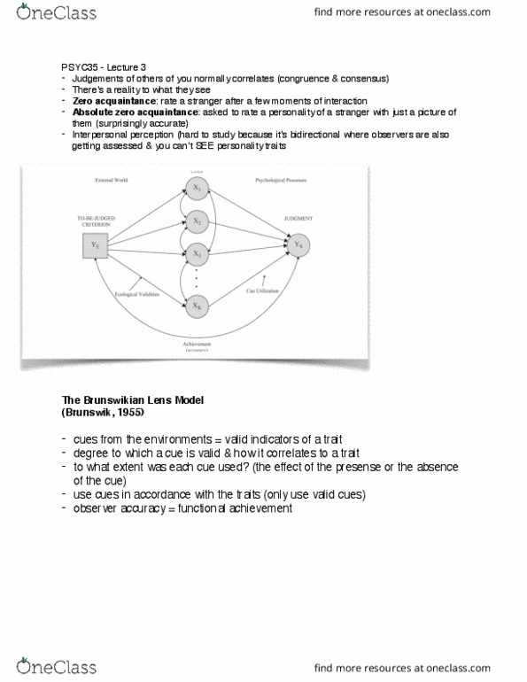 PSYC35H3 Lecture Notes - Lecture 3: Extraversion And Introversion, Egon Brunswik, Interpersonal Perception thumbnail