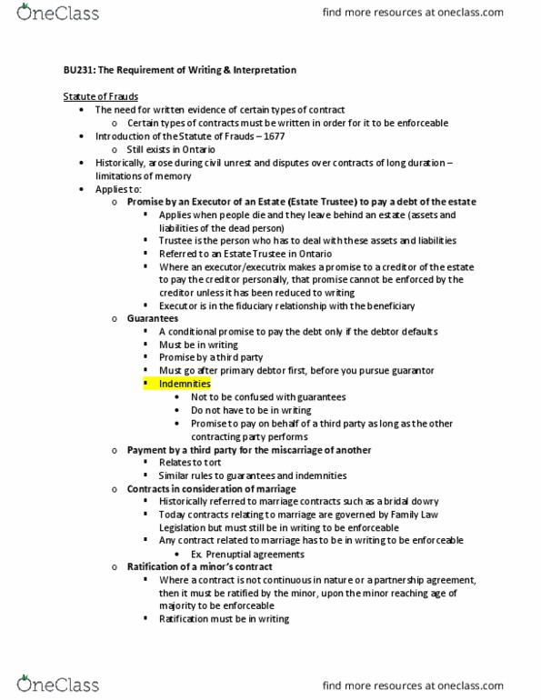BU231 Lecture Notes - Lecture 8: Oral Contract, Fiduciary, Miscarriage thumbnail