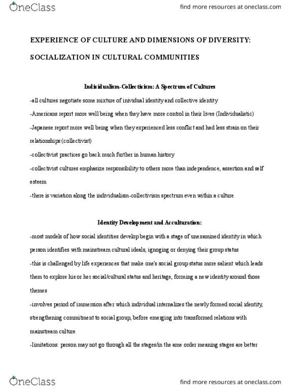 PS282 Chapter Notes - Chapter 7: Acculturation, Enculturation thumbnail
