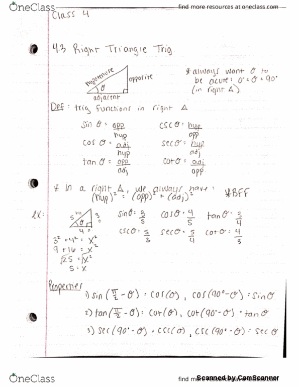 MAC 1114 Lecture 4: 4.3 Right Triangle Trig Notes thumbnail