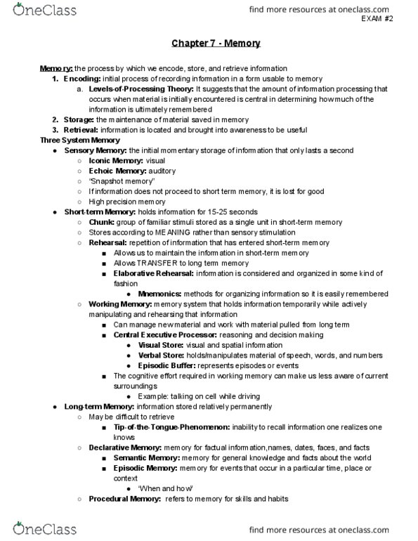 PSYCH 100 Chapter Notes - Chapter 7: Limbic System, Cerebral Cortex, Long-Term Memory thumbnail