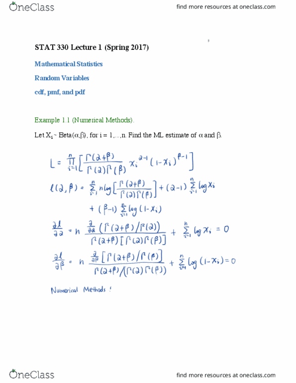 STAT330 Lecture Notes - Lecture 1: Random Variable thumbnail