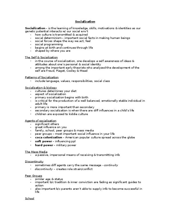 SOCA01H3 Lecture : Socialization These are lecture notes for the topic of Socialization thumbnail