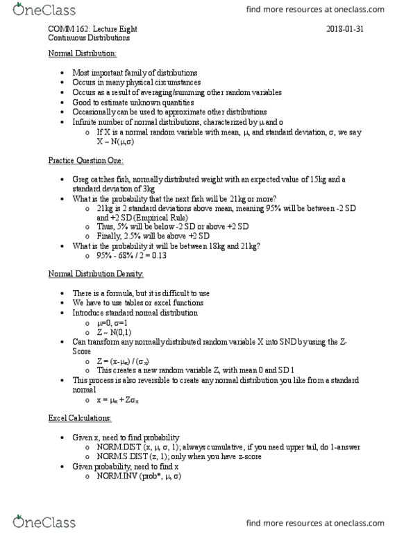 COMM 162 Lecture Notes - Lecture 8: Binomial Distribution, Continuity Correction, Standard Deviation thumbnail